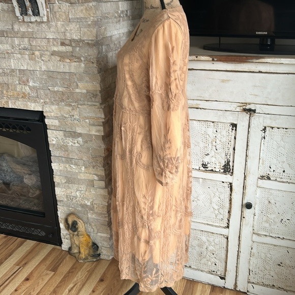 Orange Creek lined lace embroidered scalloped hem boho hippie dress tan/orange - Picture 8 of 16